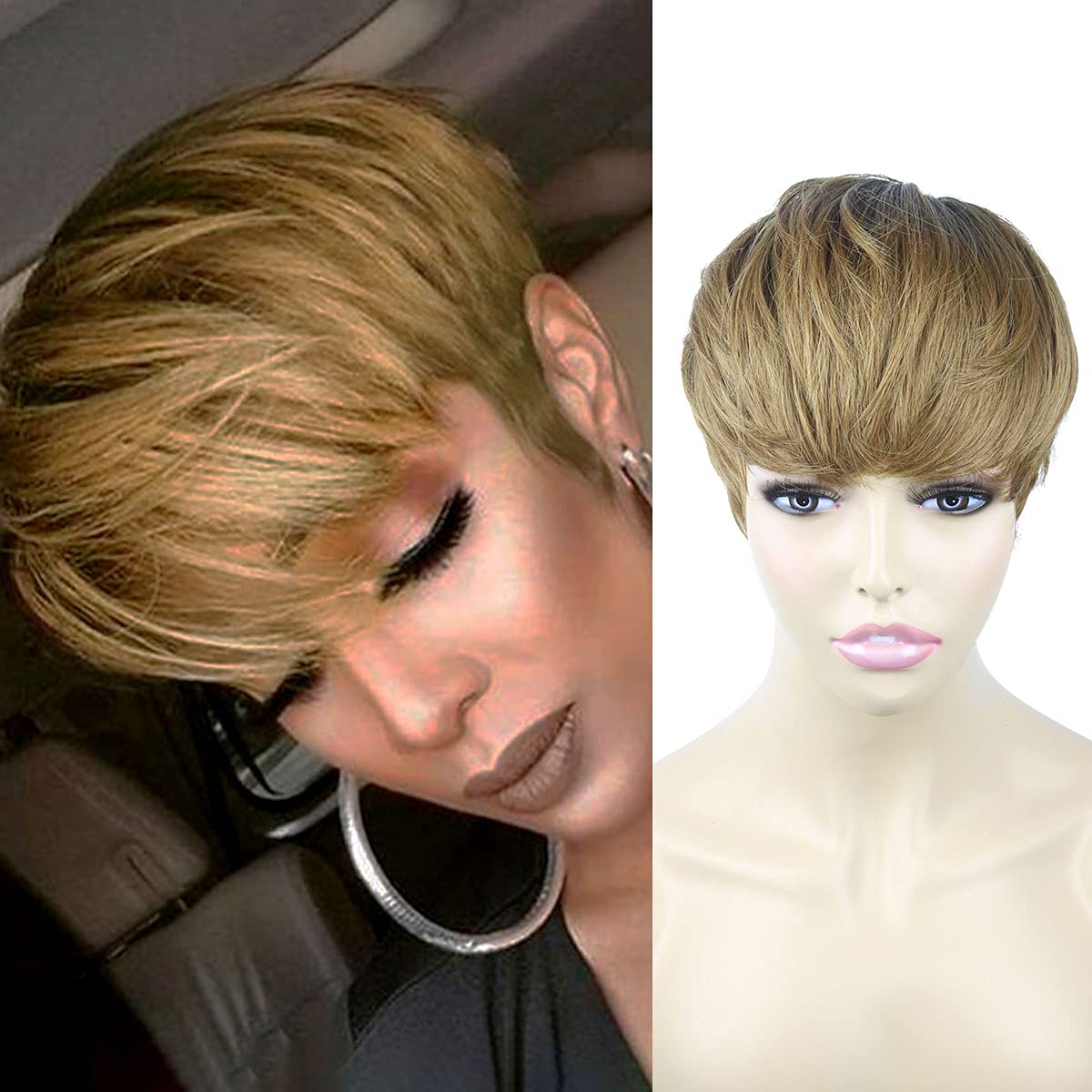 🔥Hot| Glueless Wig With Elastic Belt Lace Front Blonde Ombre Pixie Cut Wigs With Bangs