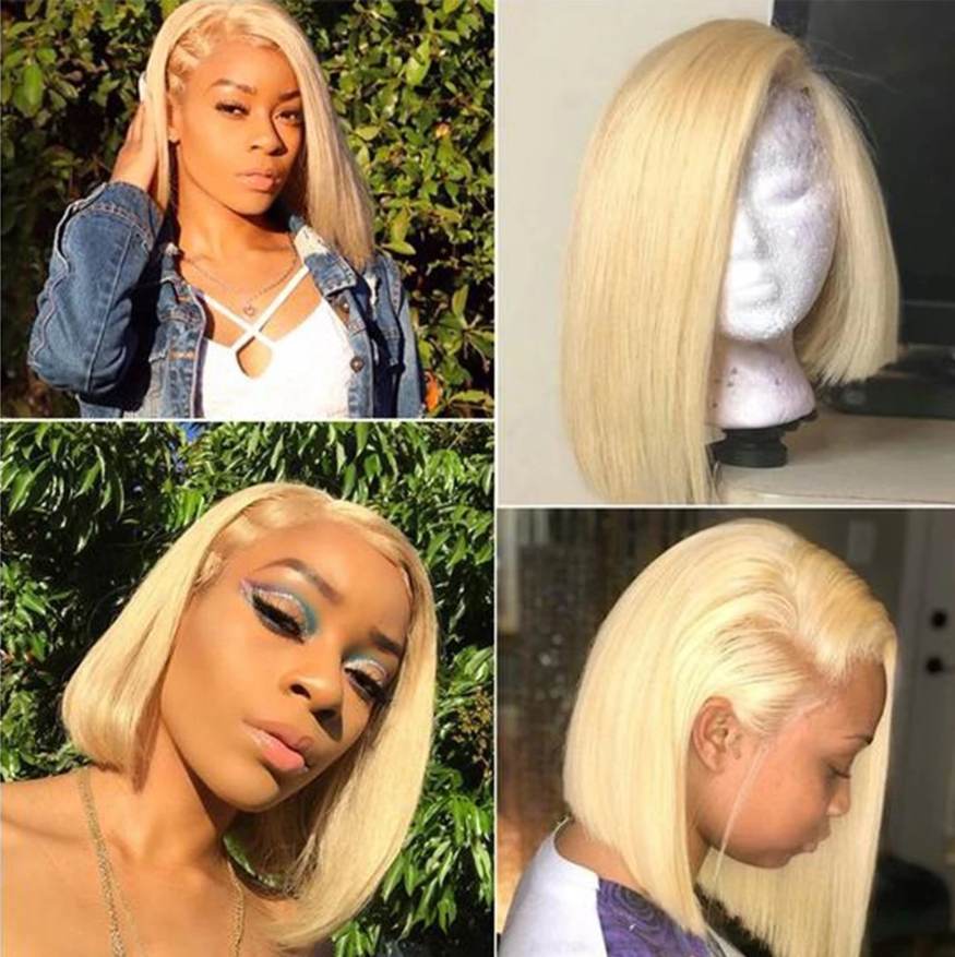 Glueless Wig With Elastic Belt|🔥Short Bob Lace Front  Wigs Brazilian Straight Remy Ombre Blonde Wigs