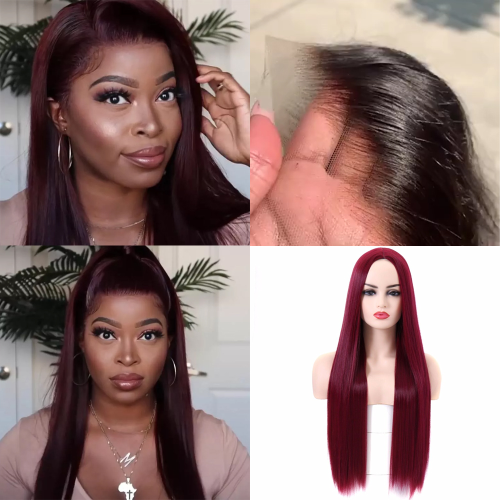 Glueless Wig With Elastic Belt|🔥4*4 Lace Closure Straight Long Wine Red Wig Pre Plucked with Baby Hair