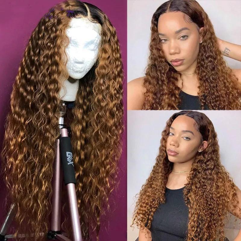 Glueless Wig With Elastic Belt|🔥4*4 HD Lace Closure Long Curly Human Hair Ombre Color Wigs