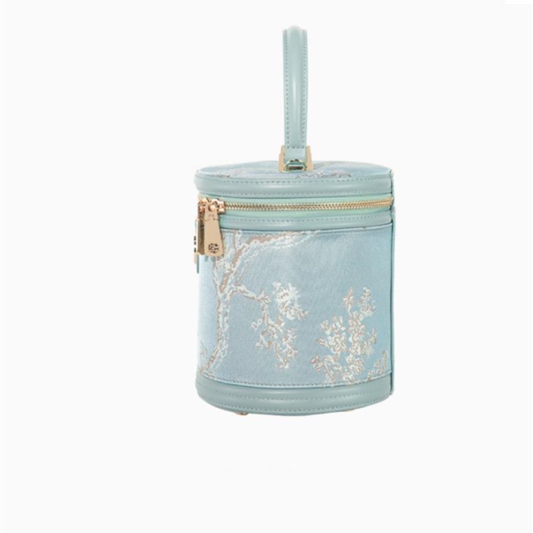 Chinese style leather embroidered bucket bag