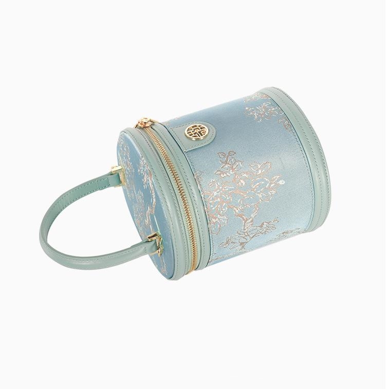Chinese style leather embroidered bucket bag