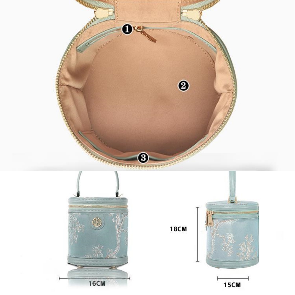 Chinese style leather embroidered bucket bag