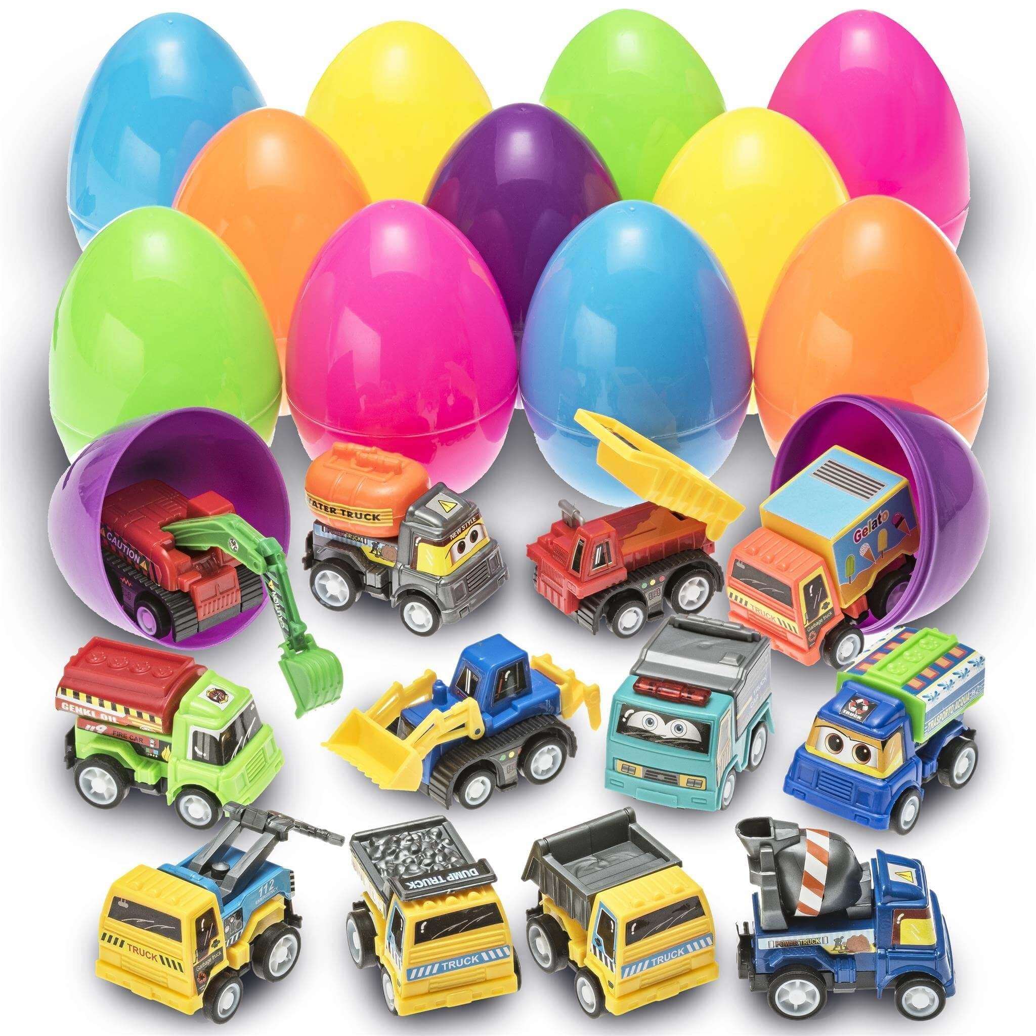 Easter Eggs Filled With Pullback Construction Vehicles, Cute Animals, Dinosaurs, Jewelry pieces