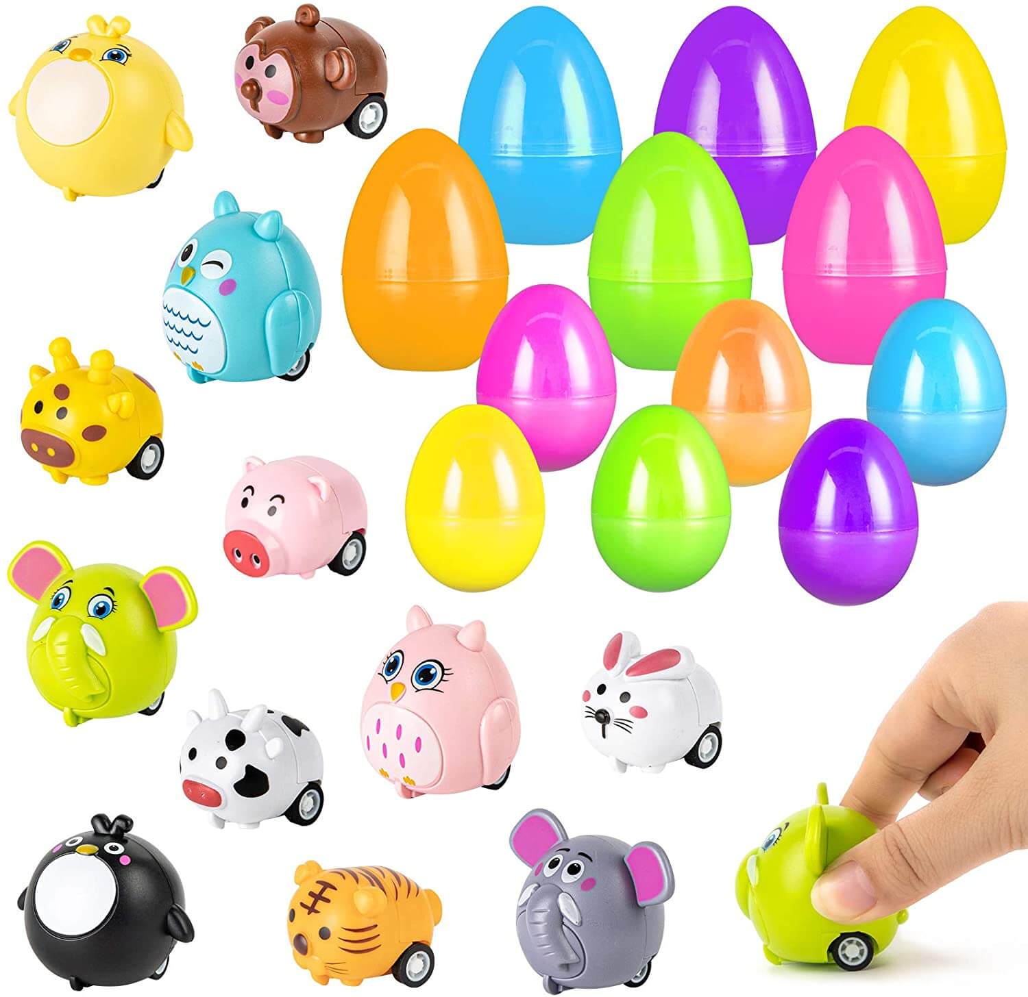 Easter Eggs Filled With Pullback Construction Vehicles, Cute Animals, Dinosaurs, Jewelry pieces