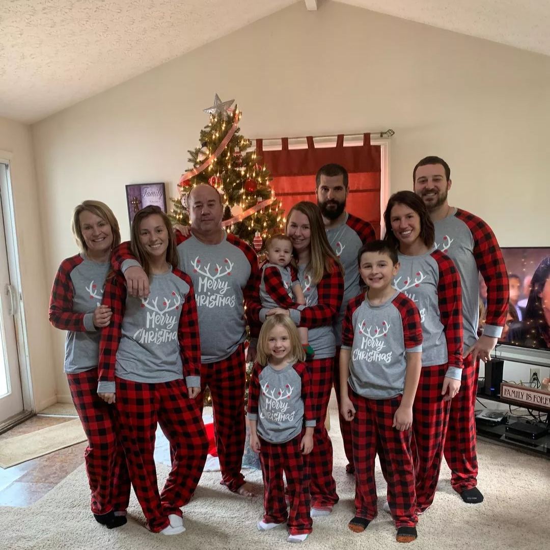 MERRY CHRISTMAS Antler Print Grey Top with Black and Red Plaid Pants Family Matching Pajamas Set JJF-005