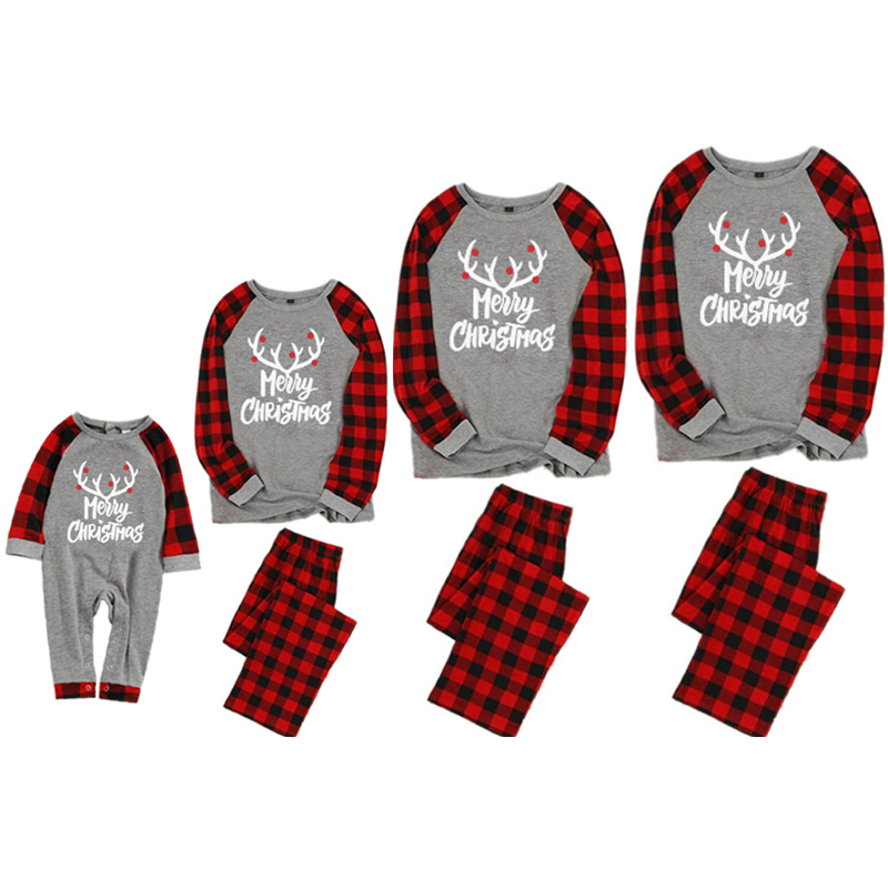 MERRY CHRISTMAS Antler Print Grey Top with Black and Red Plaid Pants Family Matching Pajamas Set