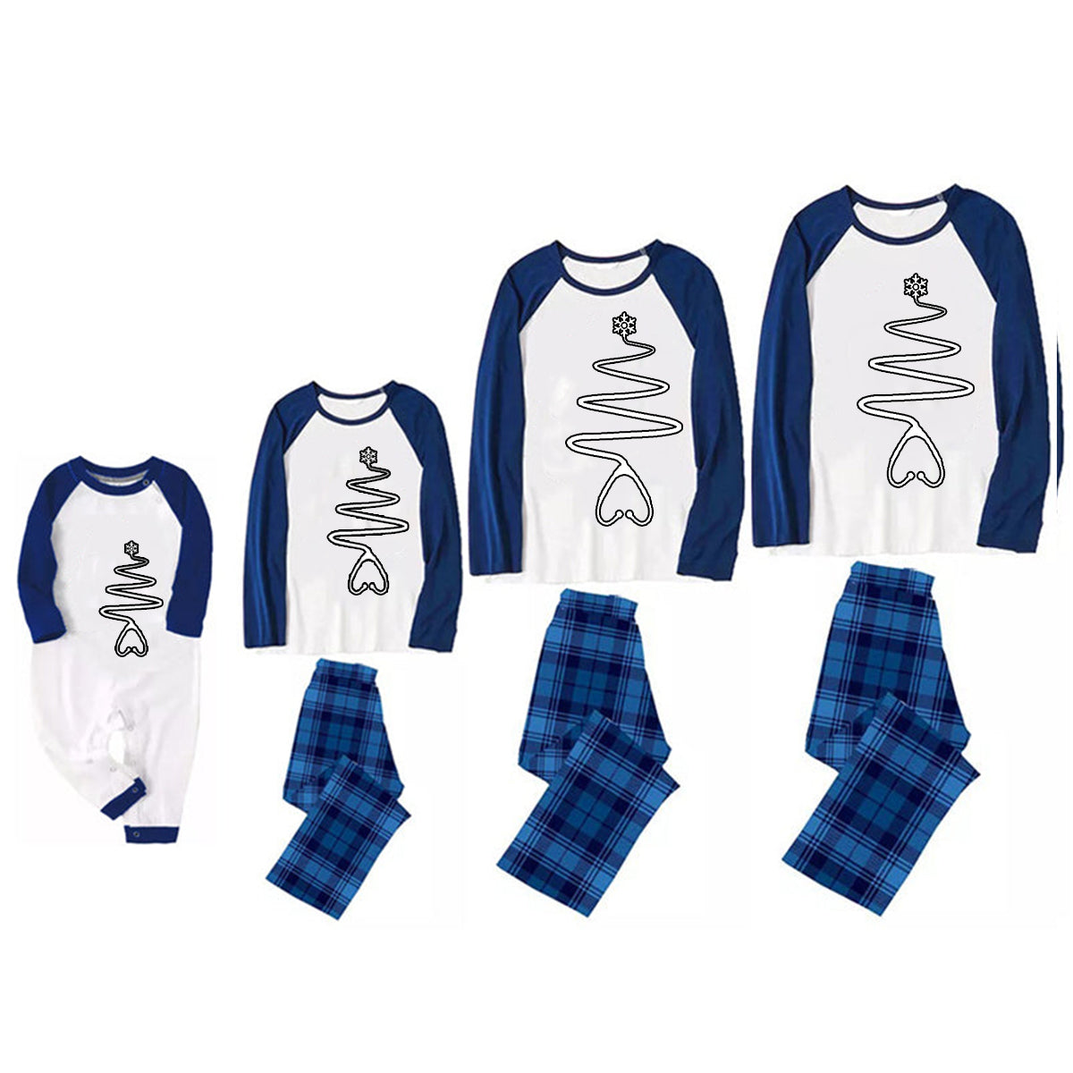 Christmas Cute Cartoon Christmas tree prints and stethoscope prints Casual Long Sleeve Sweatshirts Contrast Blue & White Top and Black and Blue Plaid Pants Family Matching Pajamas Sets