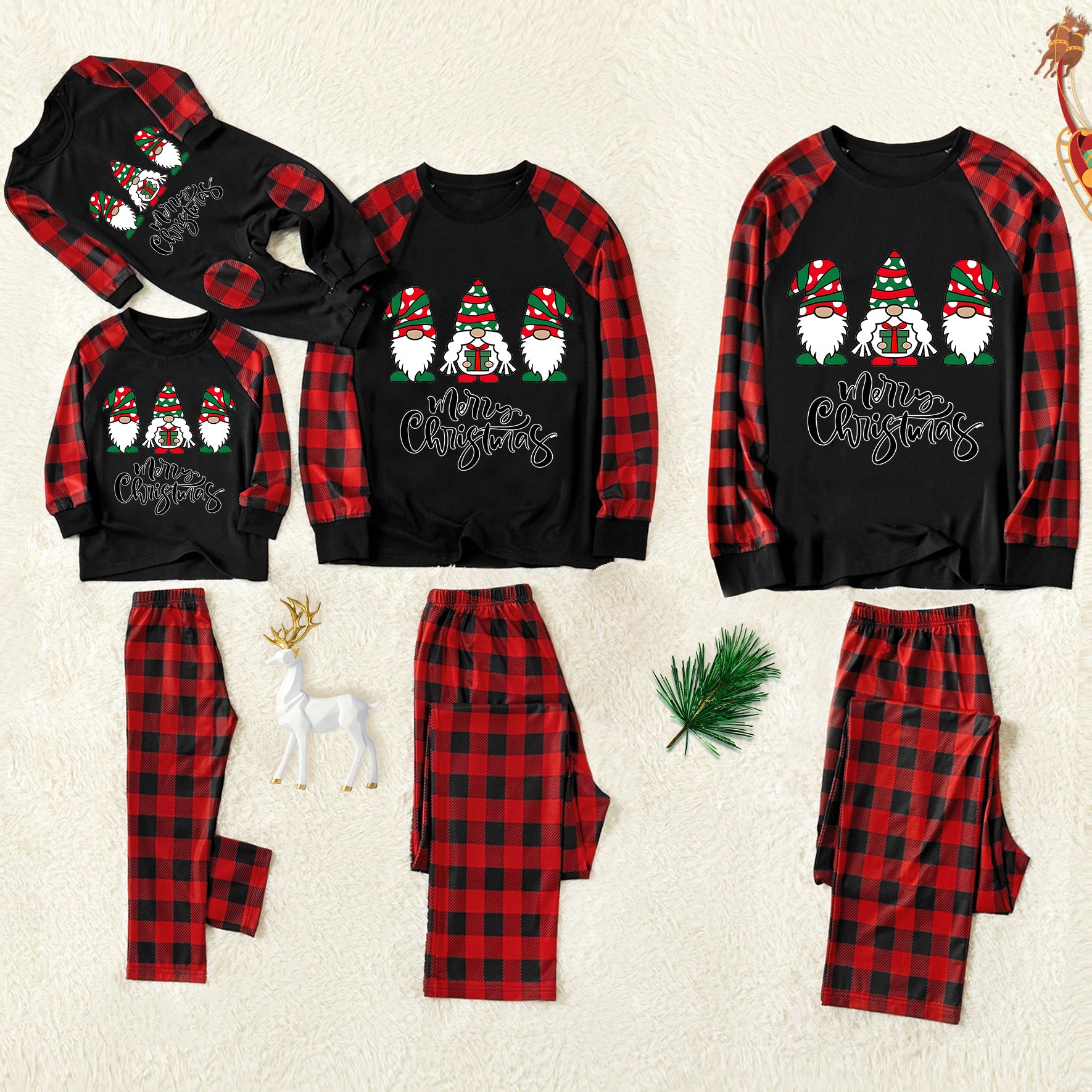 Merry Christmas Cute Gnome Print Casual Long Sleeve Sweatshirts Grey Contrast Top and Black & Red Plaid Pants Family Matching Pajamas Set With Dog Bandana