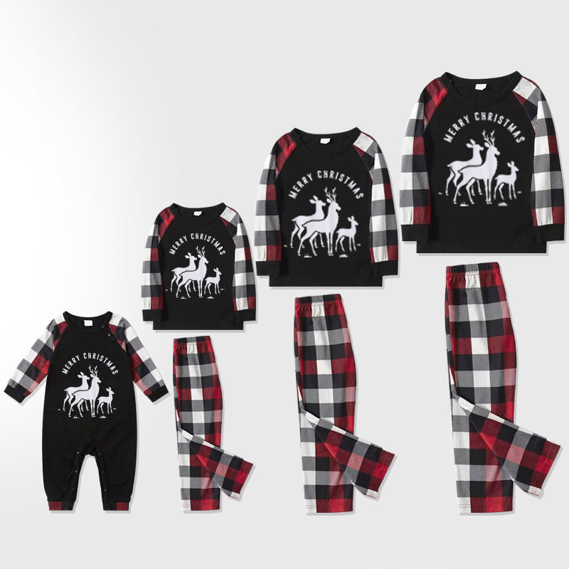 Christmas print pajamas Family Look Pajamas deer print patchwork long sleeve top and black, white and red checked trousers Matching Pajamas With Dog