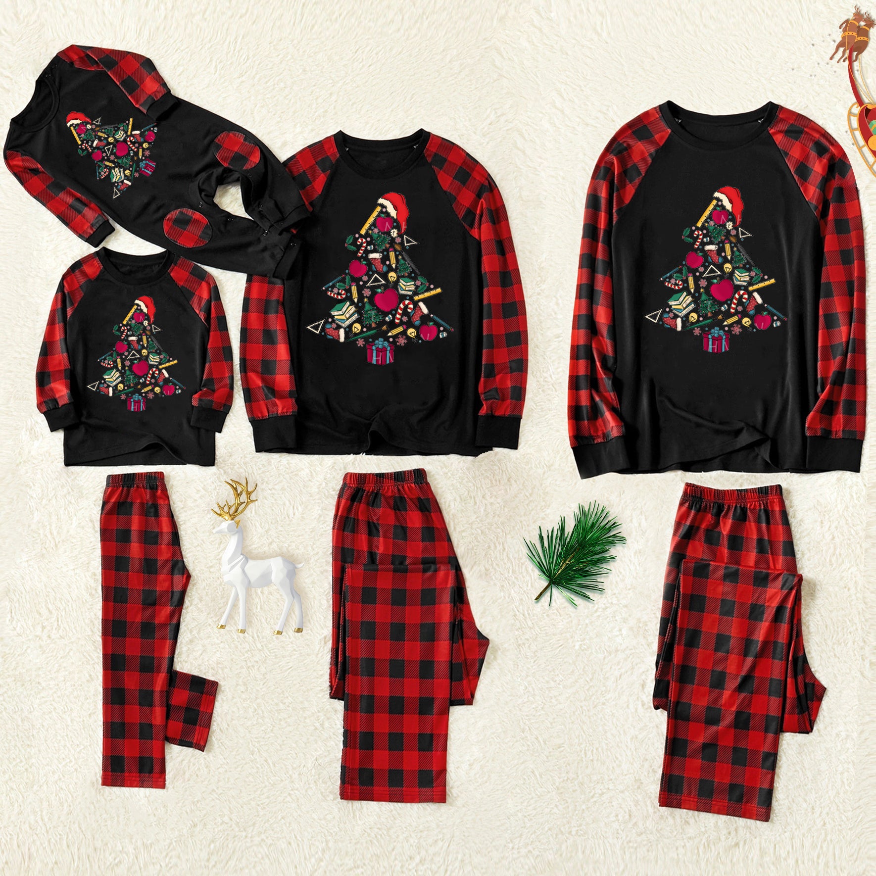 Christmas pajamas Family pajamas warm and comfortable Christmas tree print red and black patchwork long sleeve top and red and black plaid pants