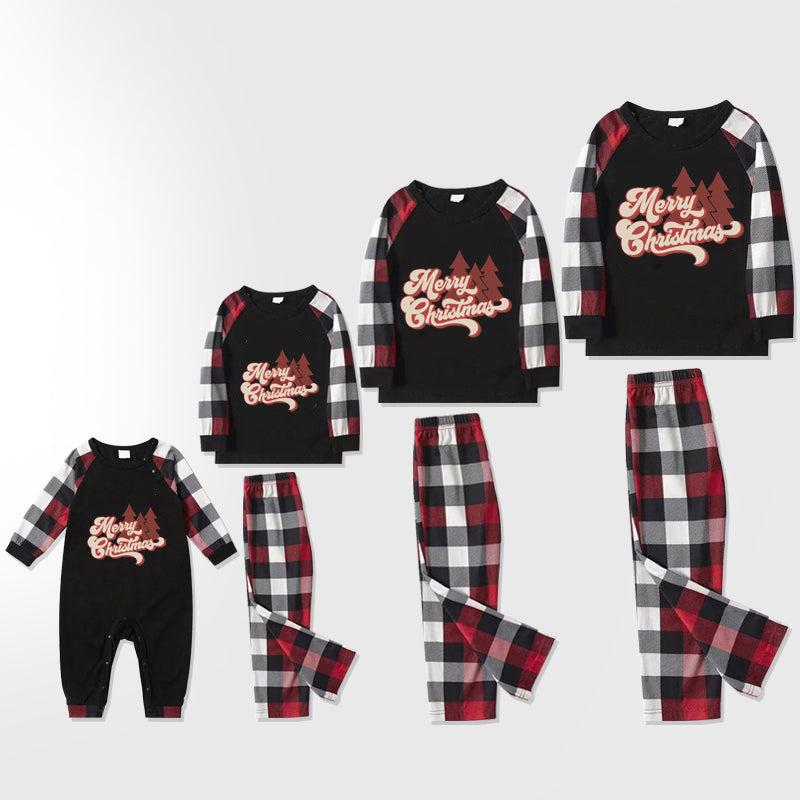 Christmas pajamas text print "Merry Christmas" letter print and Christmas tree print patchwork contrast top and black and white plaid trousers family matching pajamas set