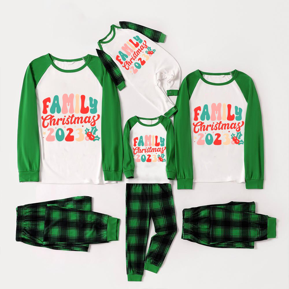 Christmas ‘ Family Christmas 2023’ Letter Print Patterned  Casual Long Sleeve Sweatshirts Green Contrast Tops and Black and Gren Plaid Pants  Family Matching Raglan Long-sleeve Pajamas Sets With Dog Bandana