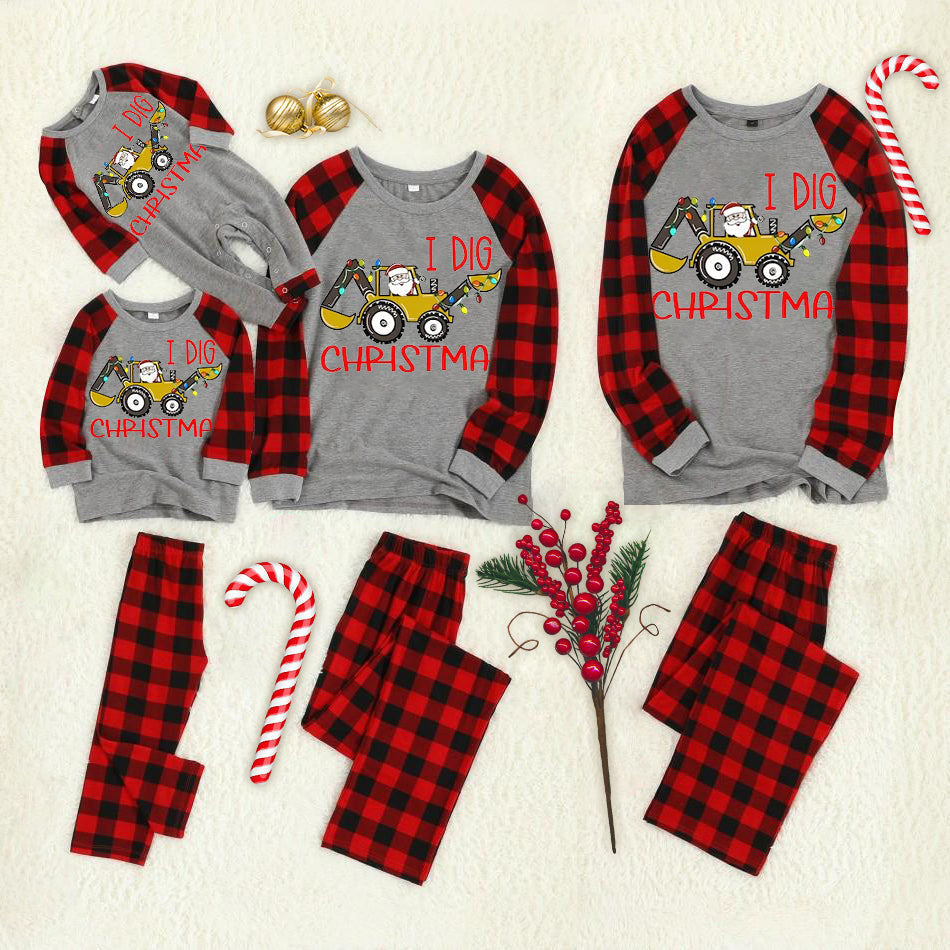 Christmas ‘I Dig Christmas“ Letter Print Grey Contrast top and Plaid Pants Family Matching Pajamas Set With Dog Bandana
