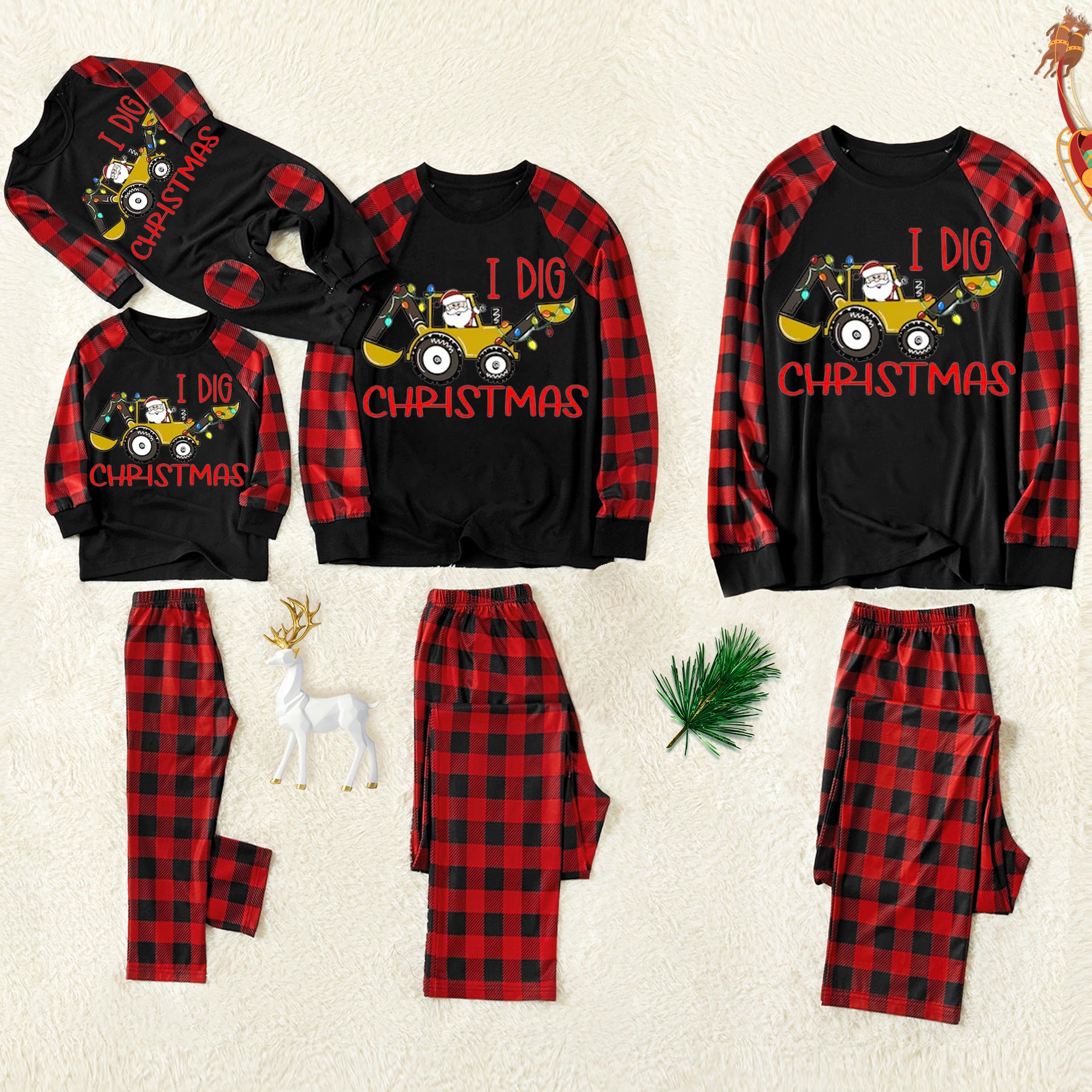 Christmas ‘I Dig Christmas“ Letter Print Patterned Contrast Black top and Black & Red Plaid Pants Family Matching Pajamas Set