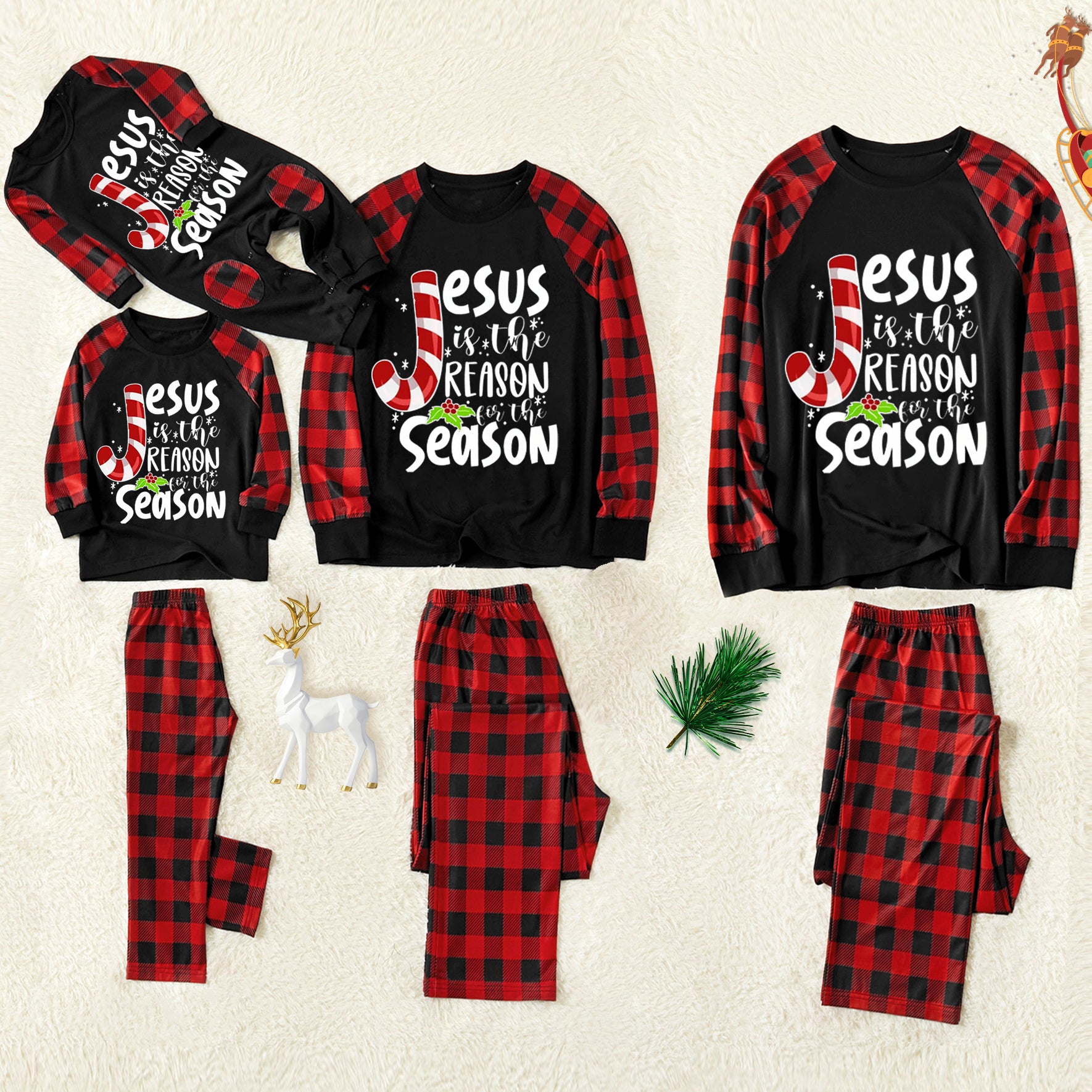 Christmas "Jesus is the Reason of the Season" Letter Print Patterned Contrast Black top and Black & Red Plaid Pants Family Matching Pajamas Set With Dog Bandana
