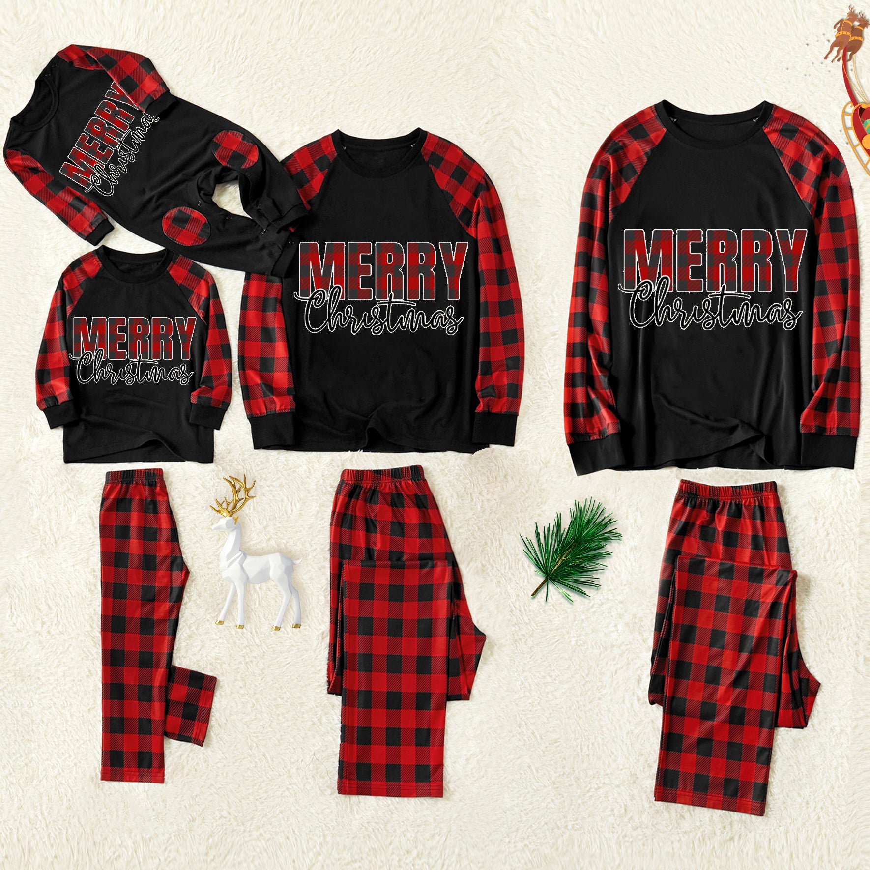 Christmas "Merry Christmas" Letter Print Patterned Contrast Black top and Black & Red Plaid Pants Family Matching Pajamas Set