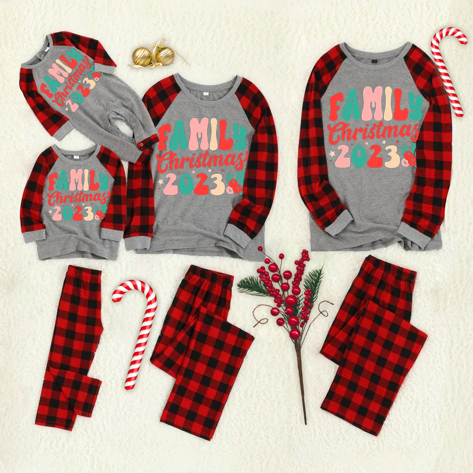 Christmas ‘ Family Christmas 2023’ Letter Print Grey Contrast top and Plaid Pants Family Matching Pajamas Set With Dog Bandana