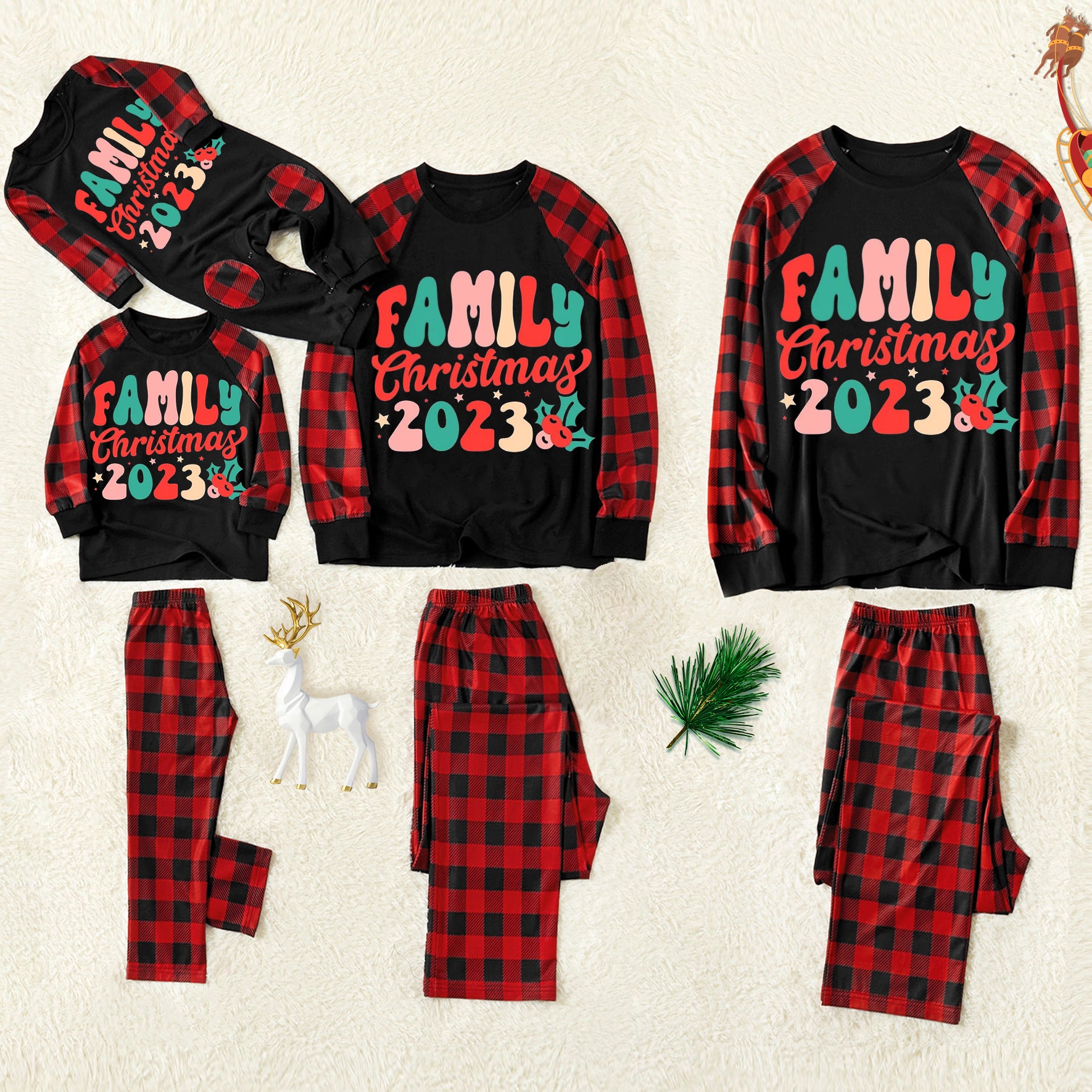 Christmas ‘ Family Christmas 2023’ Letter Print Patterned Contrast Black top and Black & Red Plaid Pants Family Matching Pajamas Set