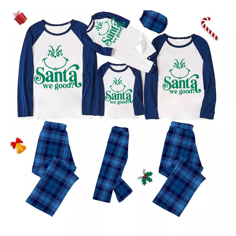 Christmas Cute Cartoon Face and "Santa We Good？" Letter Print Casual Long Sleeve Sweatshirts Contrast Blue & White Top and Black and Blue Plaid Pants Family Matching Pajamas Sets
