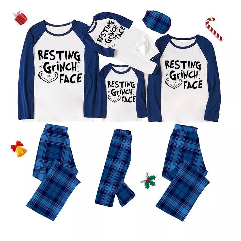 Christmas Cute Cartoon Face and Letter Print Casual Long Sleeve Sweatshirts Contrast Blue & White Top and Black and Blue Plaid Pants Family Matching Pajamas Sets