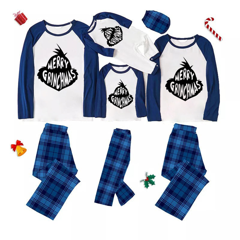 Christmas Cute Cartoon Face and ’Merry Grinchmas' Letter Print Casual Long Sleeve Sweatshirts Contrast Blue & White Top and Black and Blue Plaid Pants Family Matching Pajamas Sets