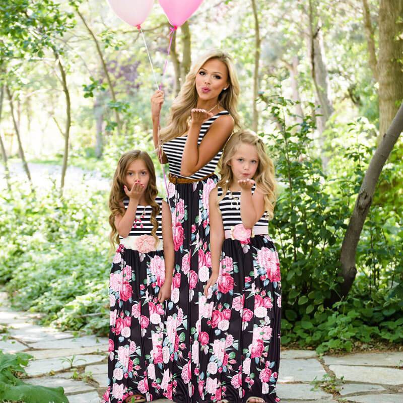 Sale！Striped Stitching Dresses for Mommy and Me