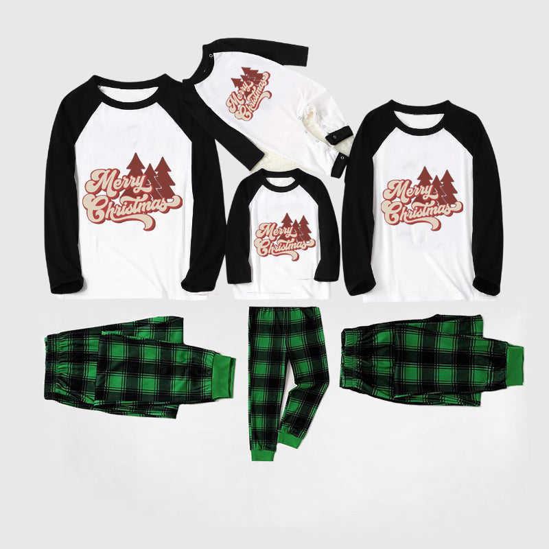 Christmas "Merry Christmas" letters, Christmas tree print patchwork contrast top and plaid pants family matching pajama set