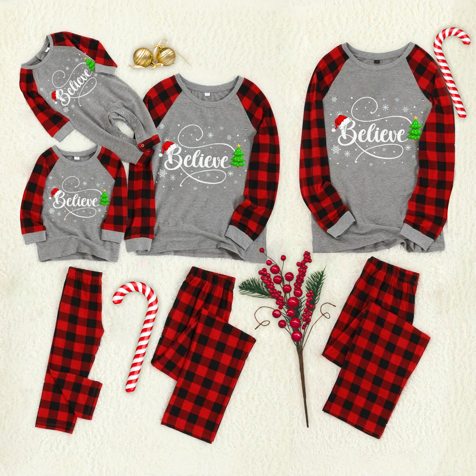 Christmas Believe Patterned  Print Grey Contrast top and Plaid Pants Family Matching Pajamas Set With Dog Bandana