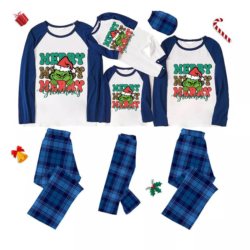 Christmas Cute Cartoon Face and 'Merry Merry Merry' Letter Print Casual Long Sleeve Sweatshirts Contrast Blue & White Top and Black and Blue Plaid Pants Family Matching Pajamas Sets