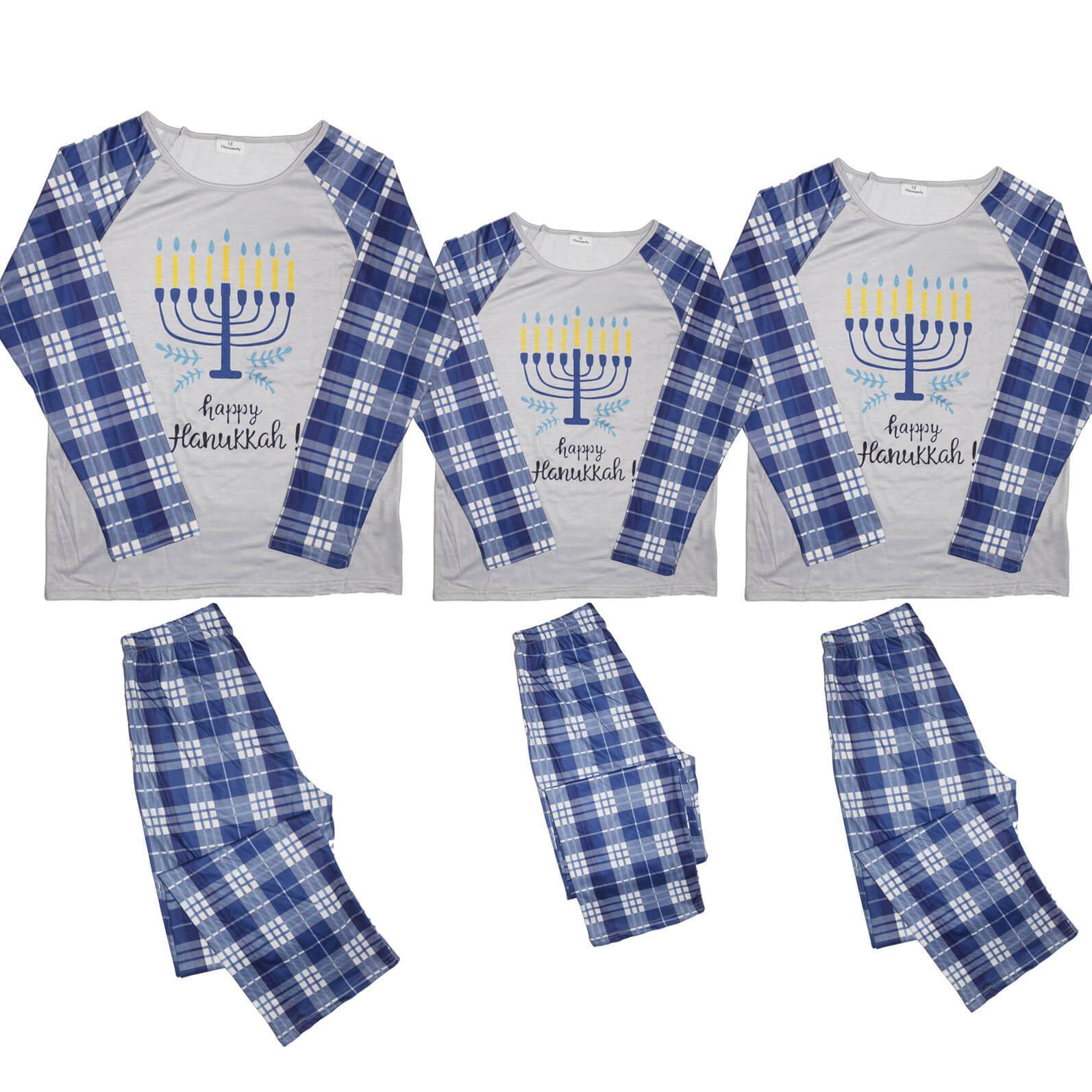 Happy Hanukkah Blue Plaid Family Chanukah Pajamas