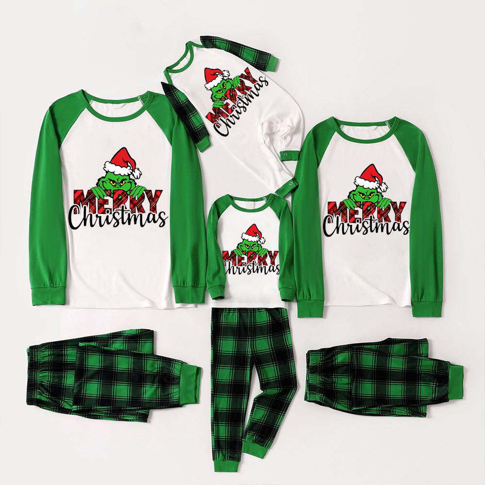 Christmas Cartoon and “Merry Christmas” Letter Print Family Matching Raglan Long-sleeve Pajamas Sets