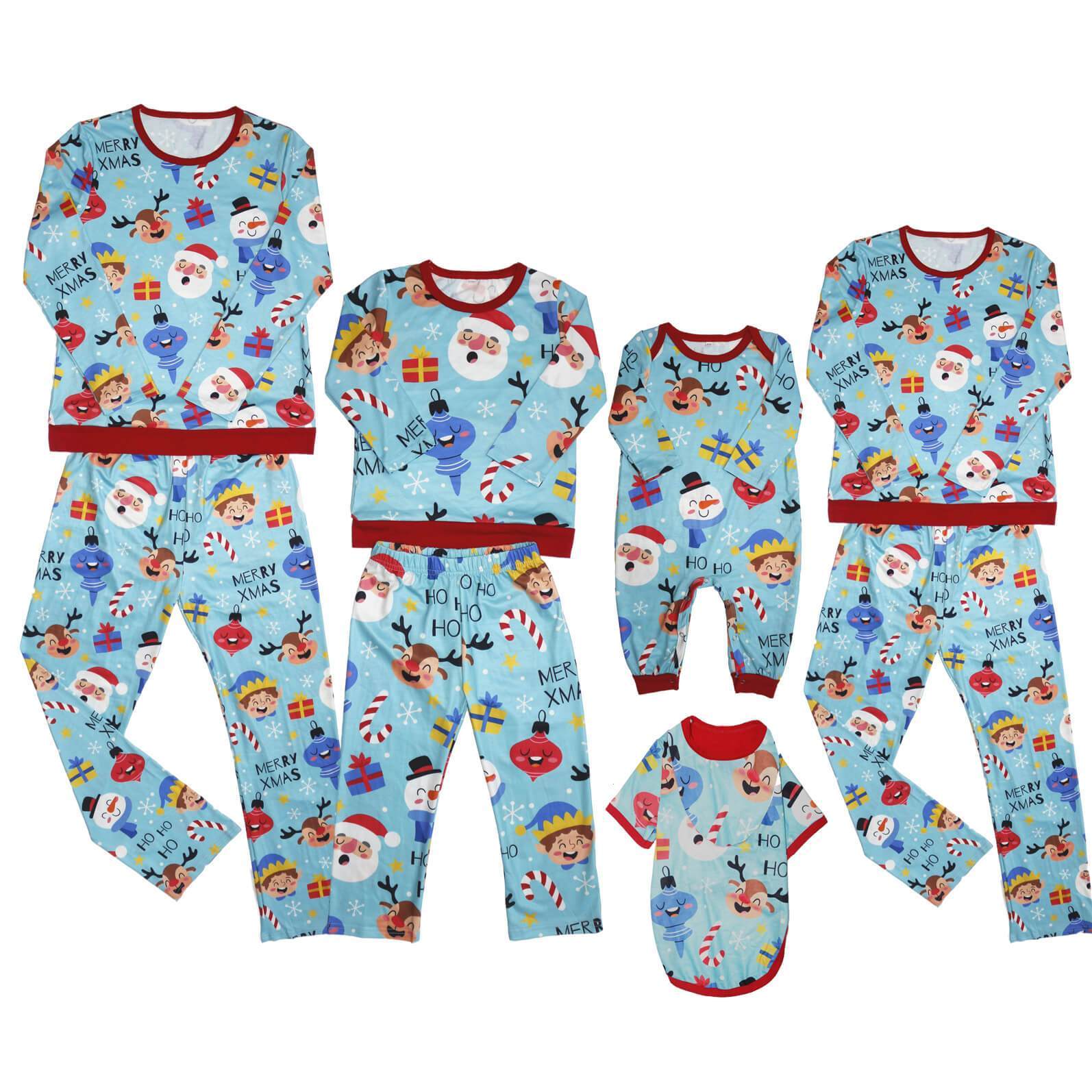 Chicmatchy Santa and Reindeer Print Christmas Family Matching Pajamas Sets With Dog