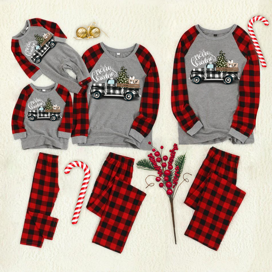 Christmas Tree & Truck Patterned "Merry Christmas" Letter Print Grey Contrast top and Plaid Pants Family Matching Pajamas Set With Dog Bandana
