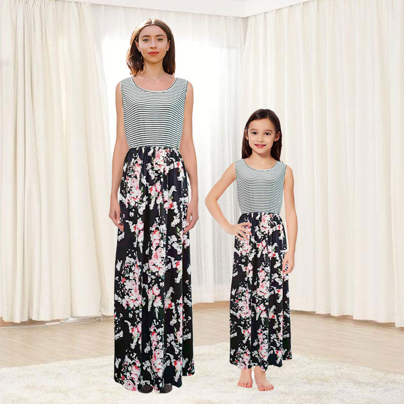 Sale！Mom and Me Dresses Trendy Sleeveless Boho Mom Daughter Maxi Dress