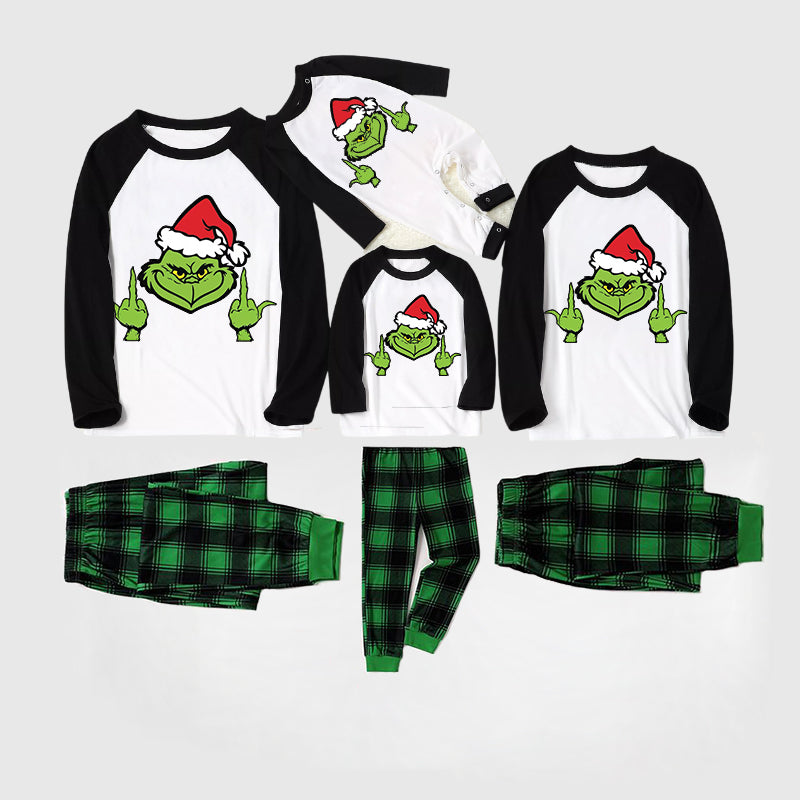 Christmas Hat Cartoon Print Splice Contrast Top and Black and Gren Plaid Pants Family Matching Pajamas Sets