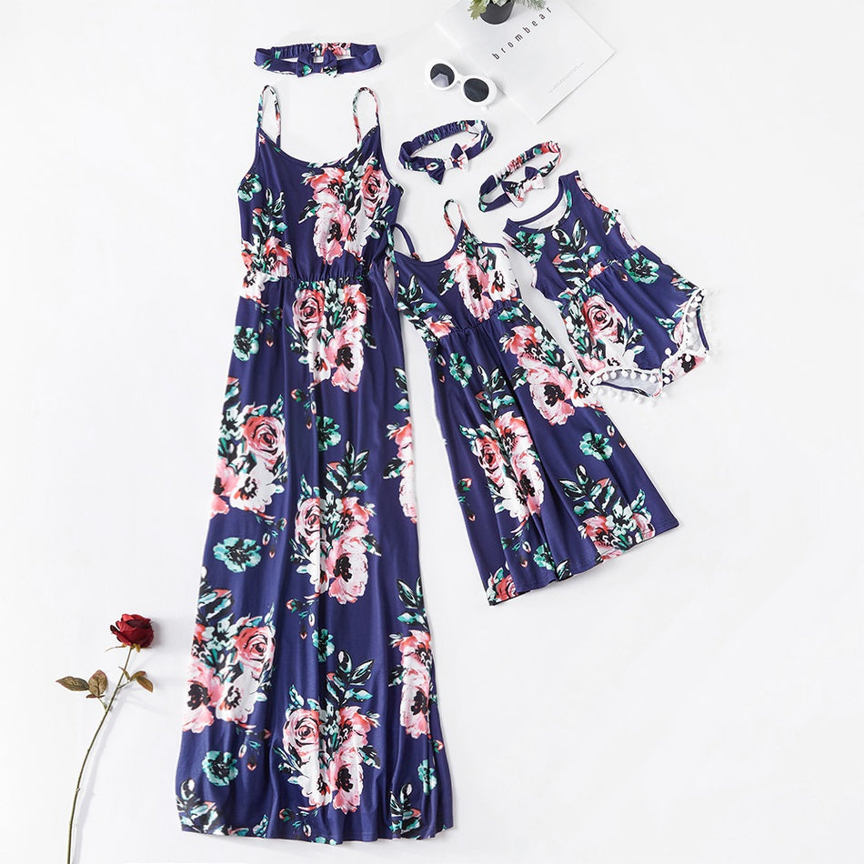 Sale！Dark Blue Floral Print Sling Matching Dresses for Mom and Me