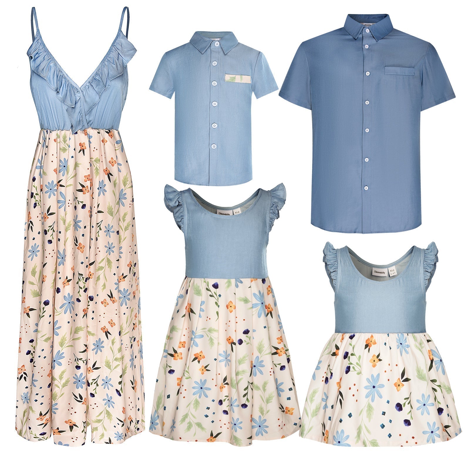 Denim Stitching Floral Print Matching Midi Family Matching Dresses & T