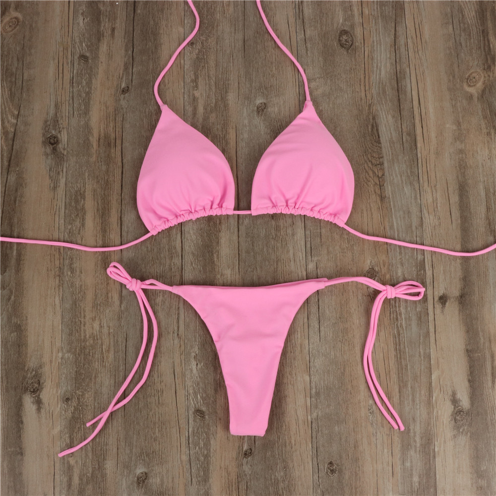Plain Halter Micro Triangle Bikini Swimsuit