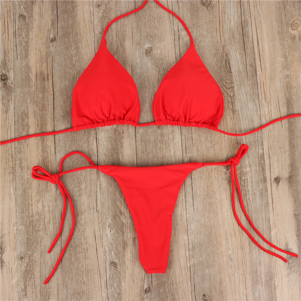 Plain Halter Micro Triangle Bikini Swimsuit
