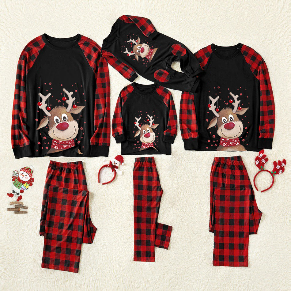 Christmas Cartoon Deer Patterned Contrast top and Plaid Pants Family Matching Pajamas Set 707