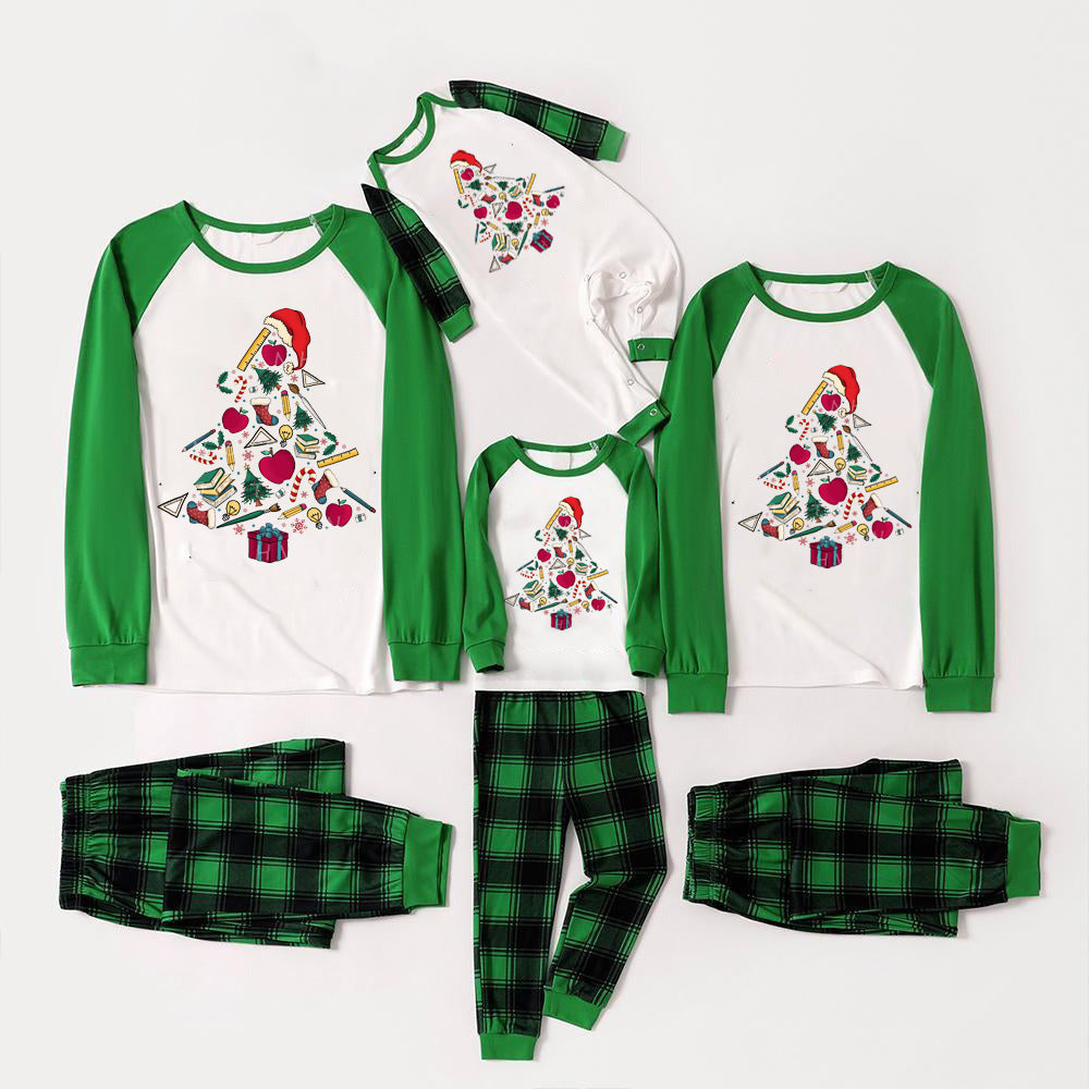 Christmas print pajamas Family Look Pajamas Christmas tree print green patchwork long sleeve top and green plaid pants