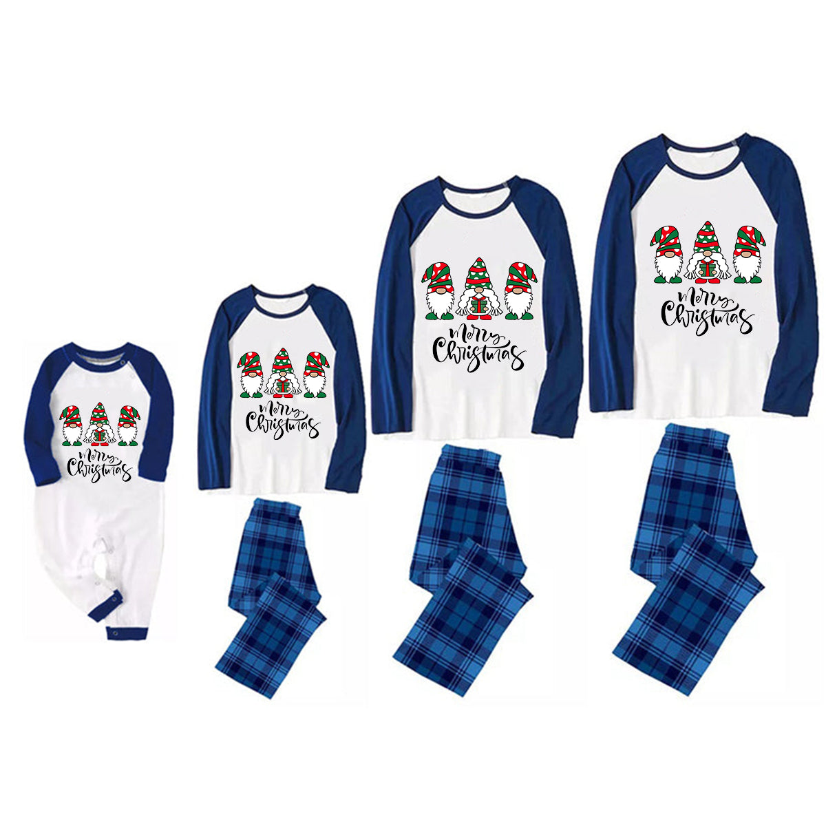 Merry Christmas Cute Gnome Print Casual Long Sleeve Sweatshirts Blue Sleeve Contrast Tops and Blue Plaid Pants Family Matching Pajamas Sets With Dog Bandan