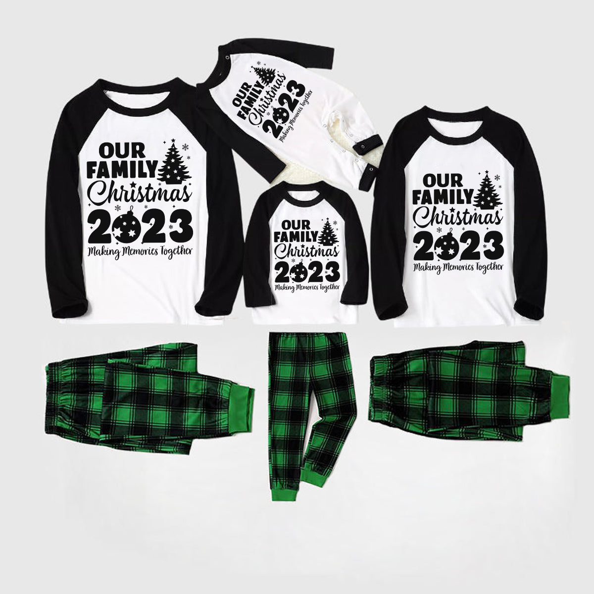 Christmas Tree & "Making Memories Together" Patterned Black Sleeve Contrast Tops and and Black and Gren Plaid Pants Family Matching Pajamas Sets With Dog Bandana