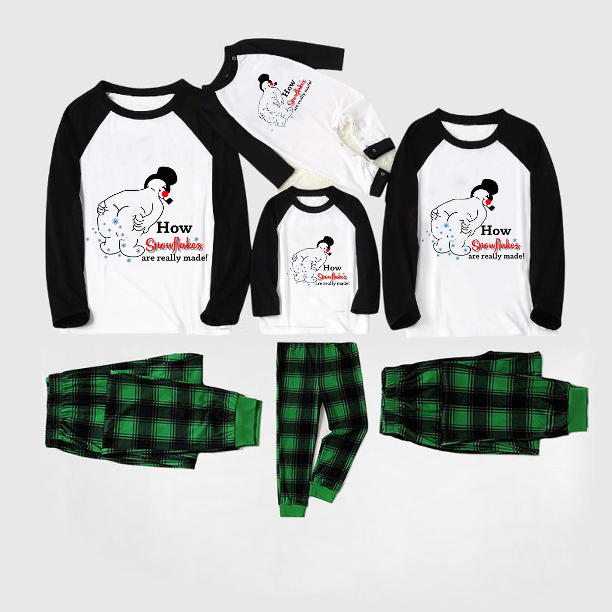 Christmas pajamas "How Snowflakes are Really Made" with letter prints, patchwork tops and green plaid pants