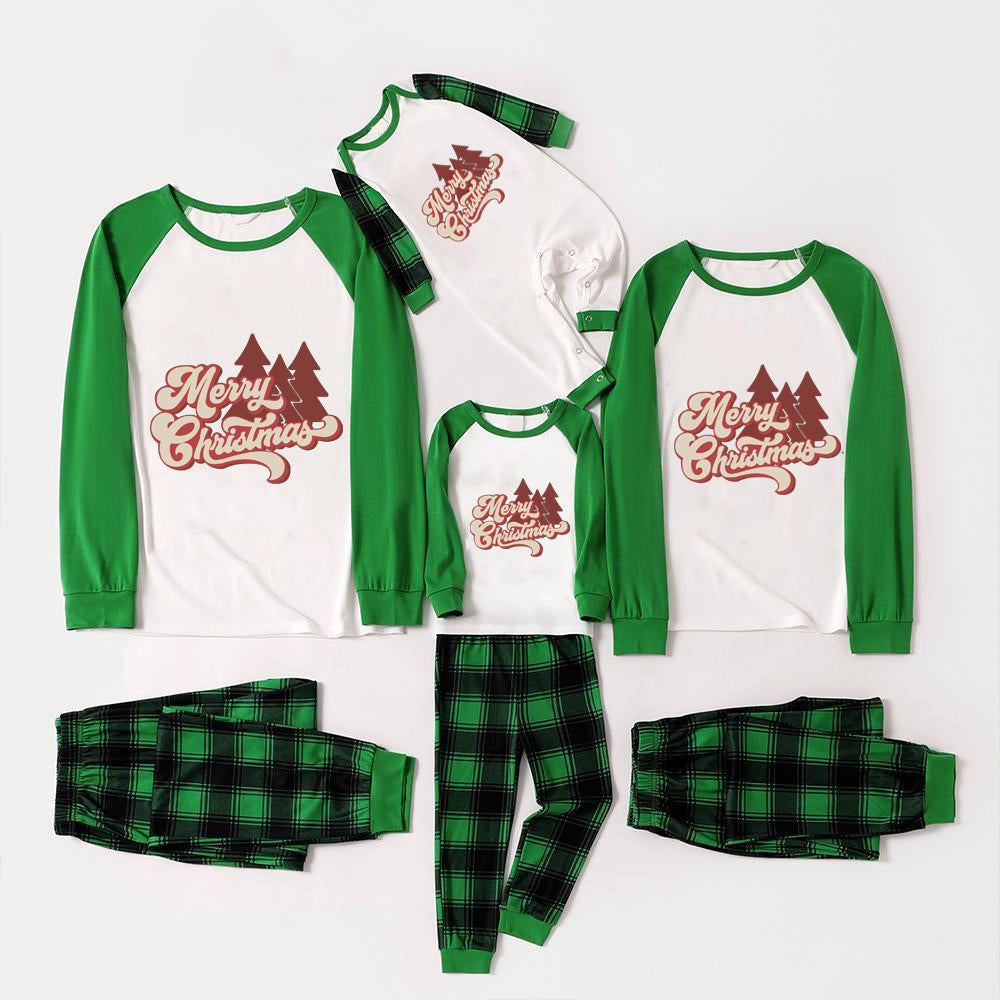Family Christmas pajama Tree print and "Merry Christmas" letter print patchwork contrast top and green plaid pants Comfortable casual family matching pajama set