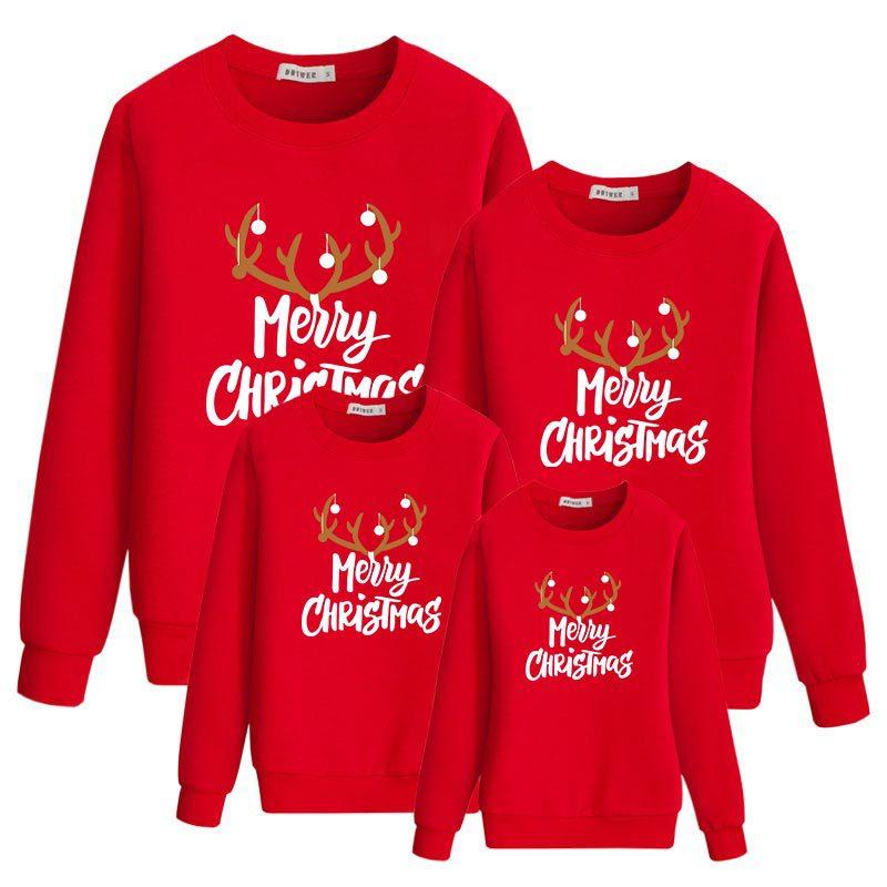 Christmas 100% Cotton Antlers and Letter Print Family Matching Long-sleeve Sweatshirts