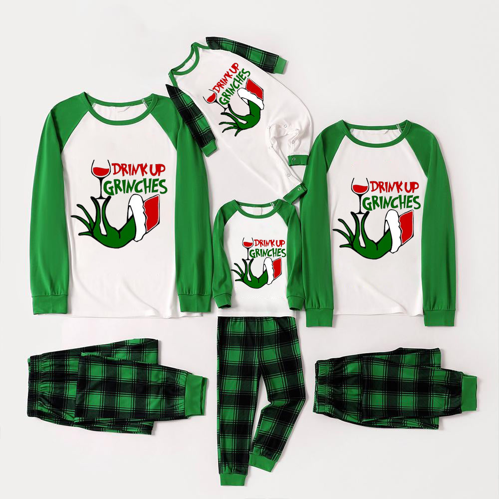 Christmas Cute Cartoon Wine Glass and 'Drink Up' Letter Print Casual Long Sleeve Sweatshirts Green Contrast Tops and Black and Gren Plaid Pants  Family Matching Raglan Long-sleeve Pajamas Sets