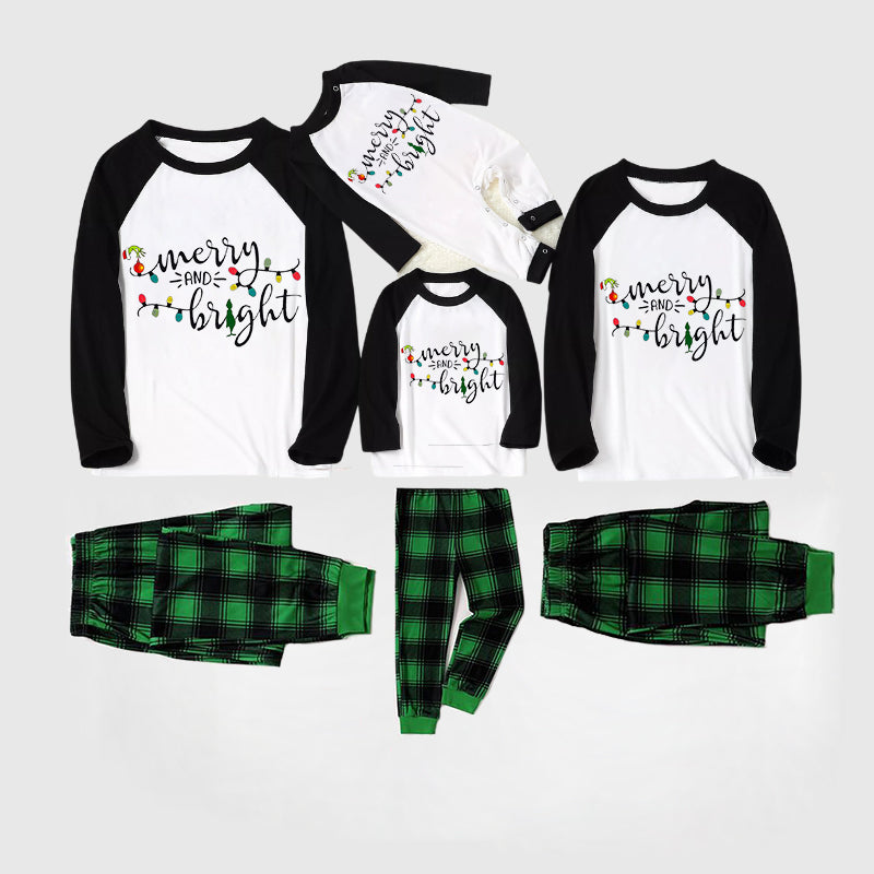 Christmas Cute Cartoon Bulb Print and 'Merry and Light’ Letter Print Casual Long Sleeve Sweatshirts Black Contrast Top and Black and Gren Plaid Pants Family Matching Pajamas Sets