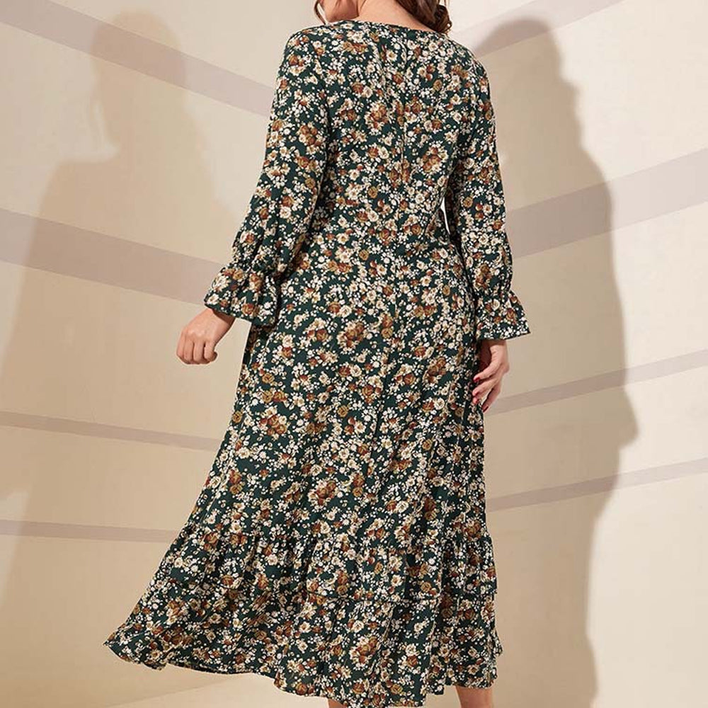 Women Spring/Fall Plus Size Floral Print V-Neck High Waist Long Sleeve Dress JM1069